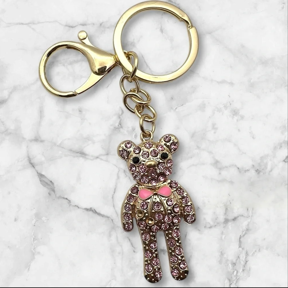 Gold Toned Coquette 2” Teddy Bear Keychain with Pink Rhinestones and Bow